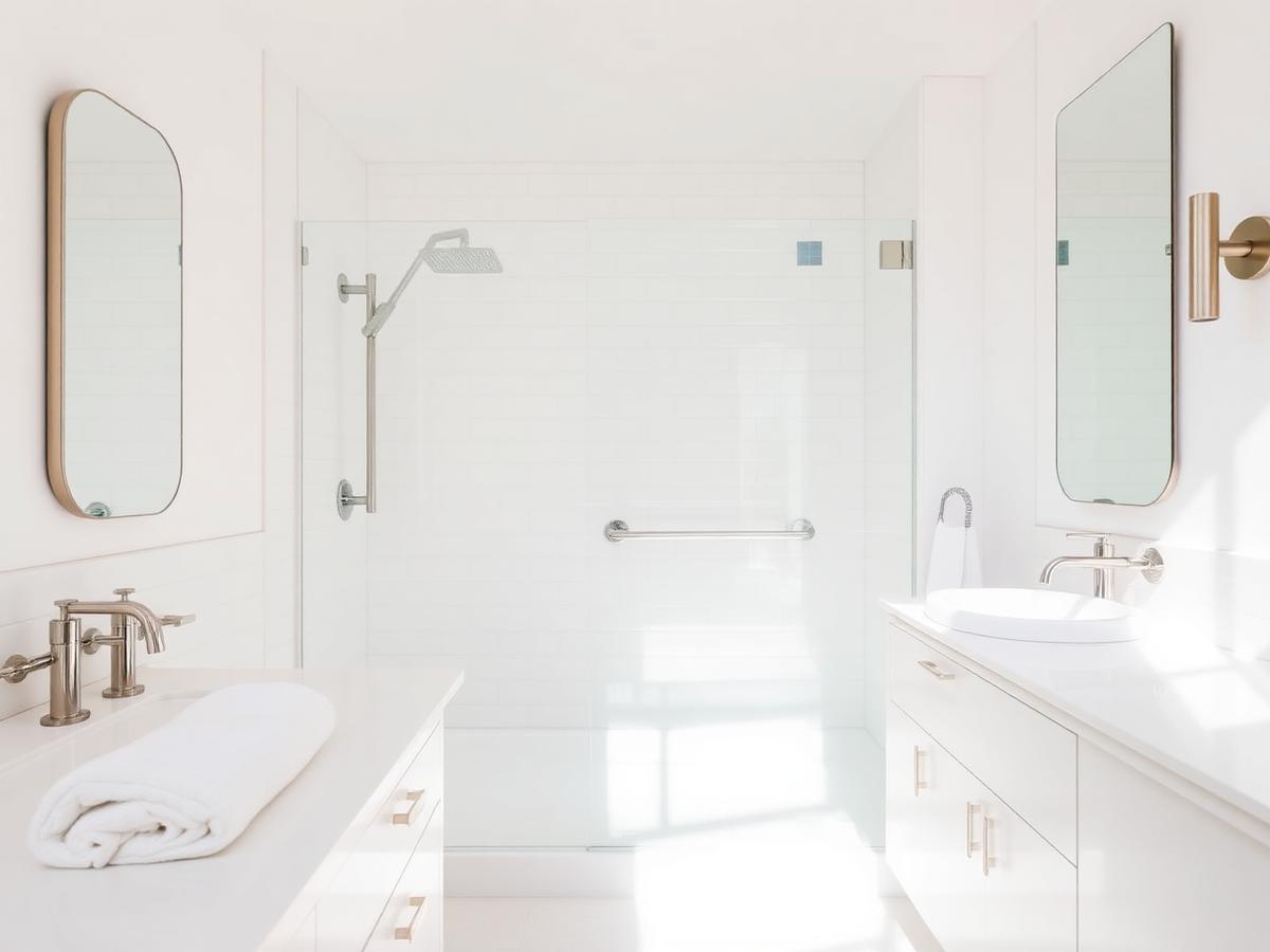 Spotless white bathroom with glass shower and polished fixtures