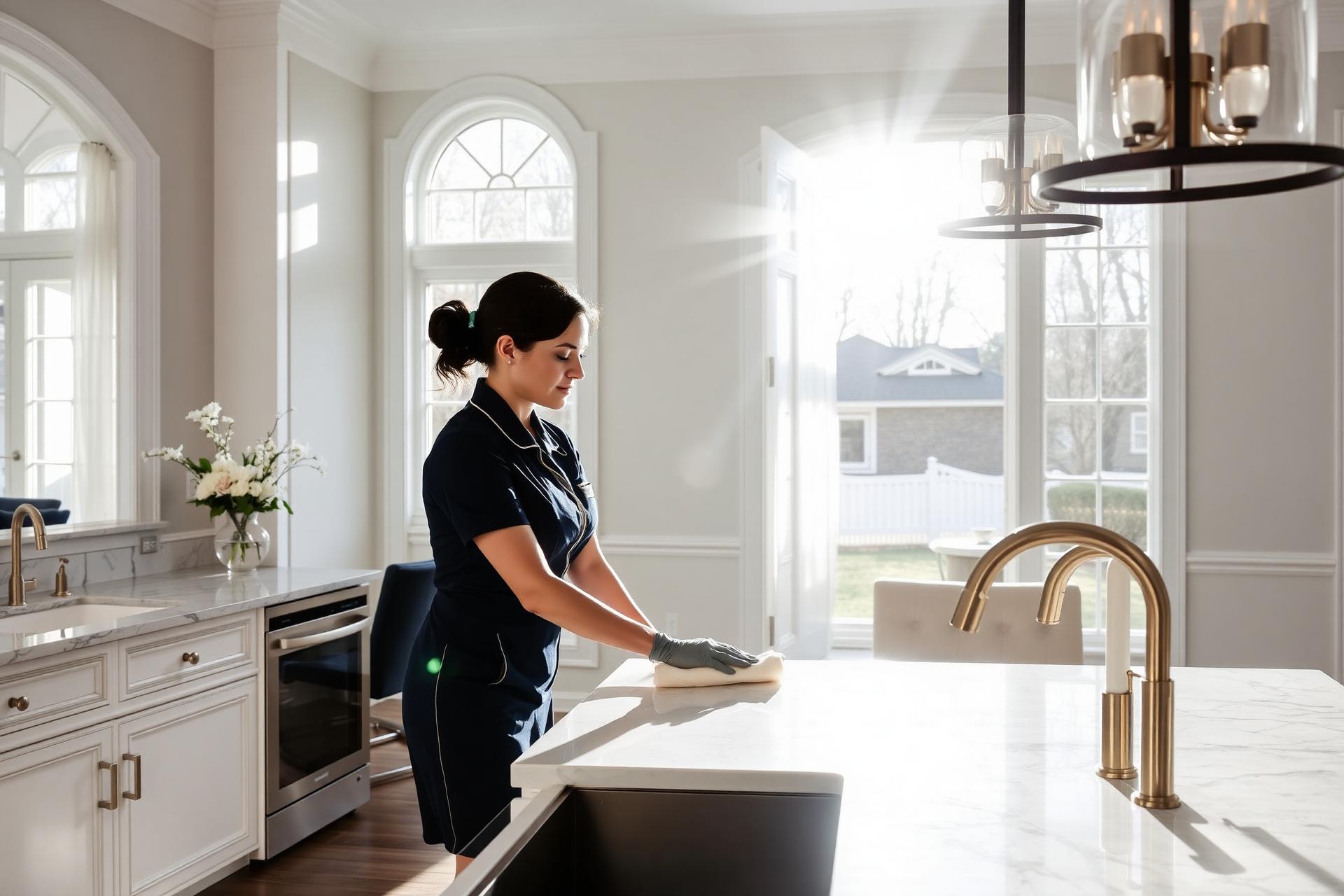 Legacy Cleaning Services housekeeper detailing a marble kitchen in a Dallas home